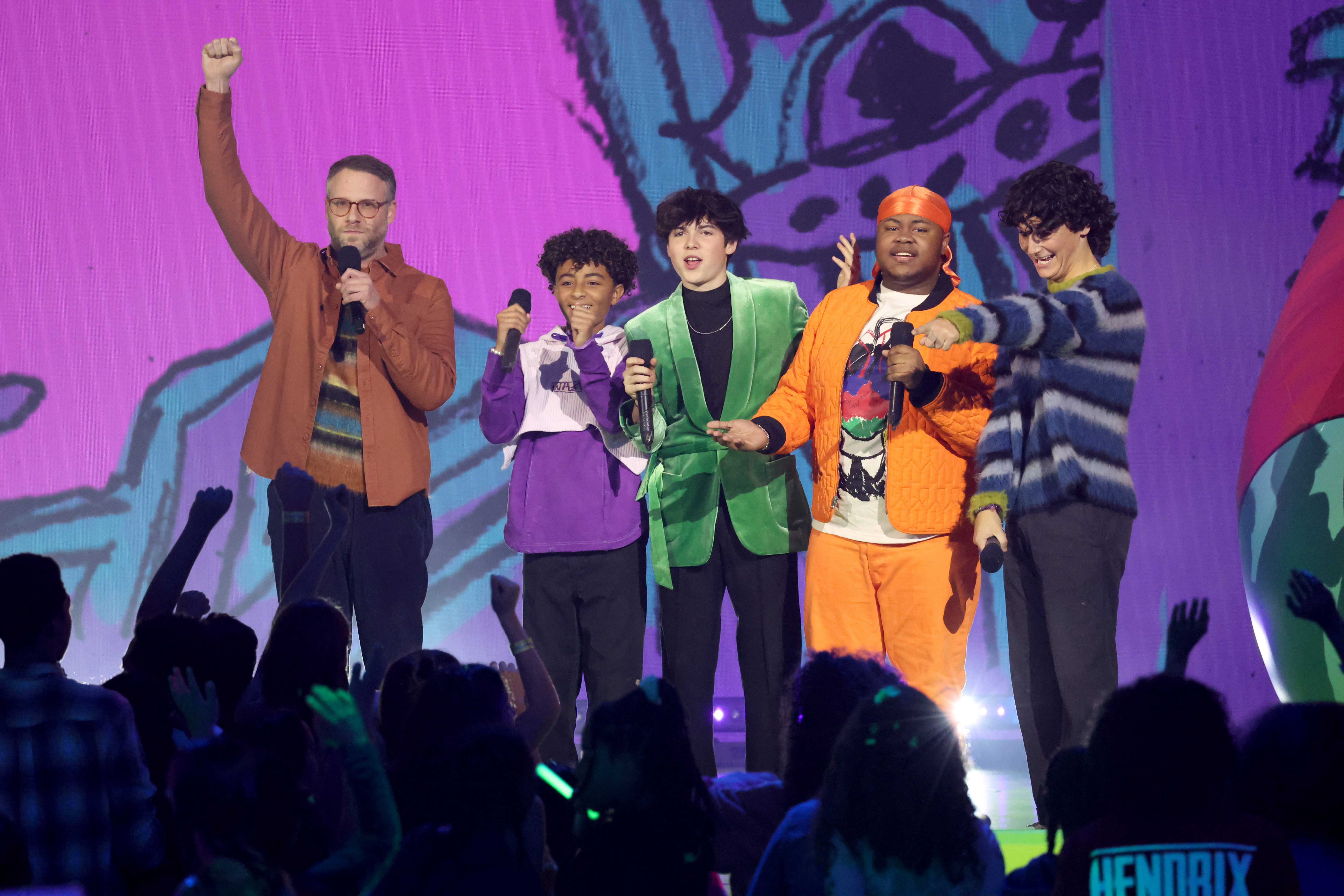 Seth Rogen, Micah Abbey, Brady Noon, Shamon Brown Jr. and Nicolas Cantu speak onstage during the 2023 Nickelodeon Kids' Choice Awards at Microsoft Theater on March 04, 2023 in Los Angeles, California. (Photo by Monica Schipper/Getty Images for Nickelodeon)